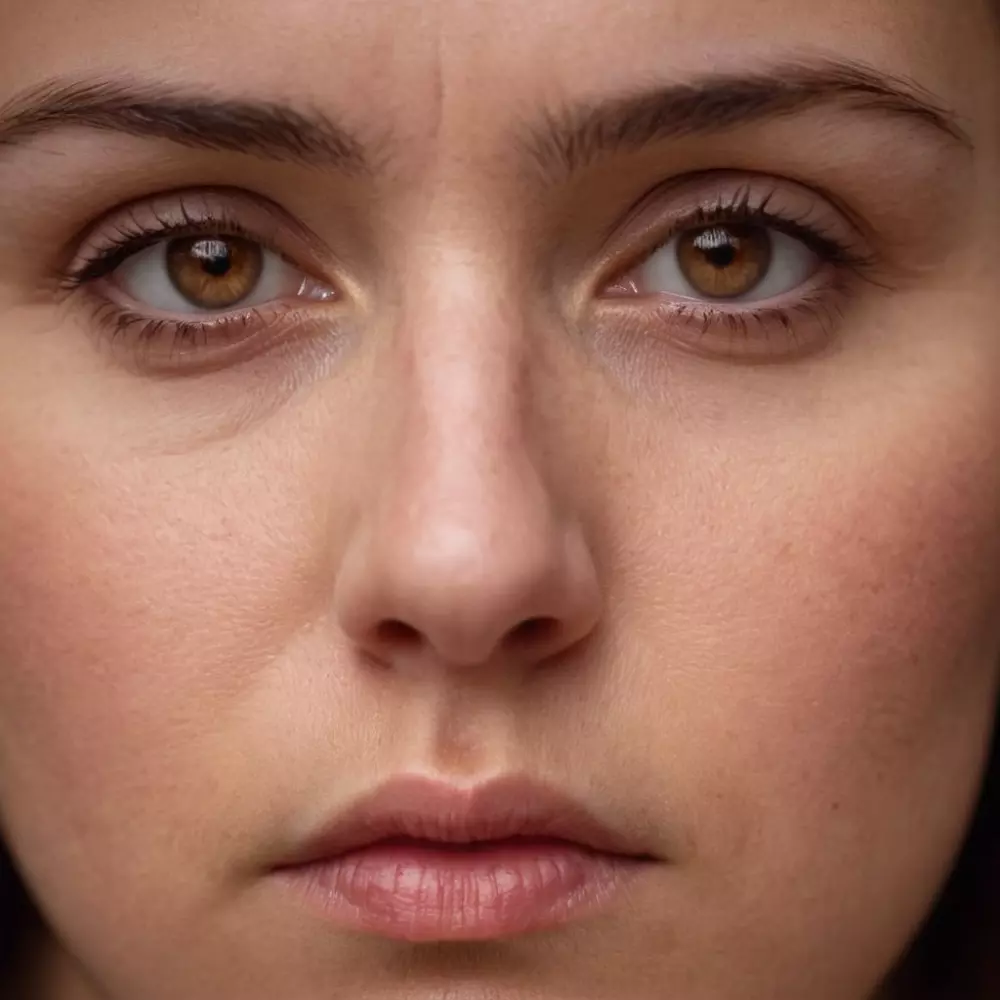 Nahaufnahme des besorgten Gesichts einer Person mit sichtbarem Unbehagen in einem medizinischen Umfeld, wobei subtile Anzeichen von Schwellungen oder Rötungen hervorgehoben werden. Fotografie, die mit einem Porträtobjektiv unter weichem klinischem Licht detaillierte Gesichtsausdrücke einfängt.