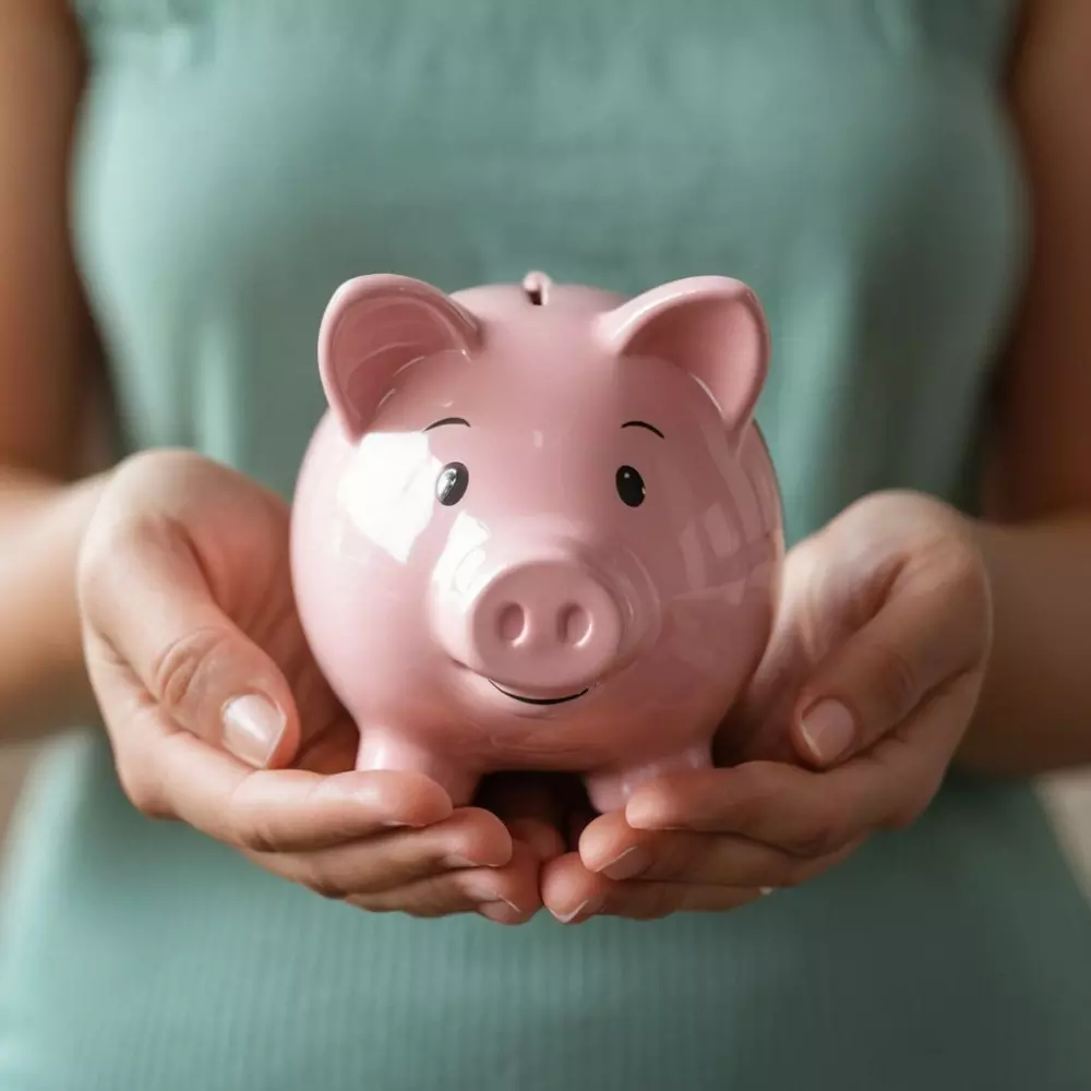 Close-up of hands holding a piggy bank with a subtle smile in the background, in portrait photography with soft, natural lighting.