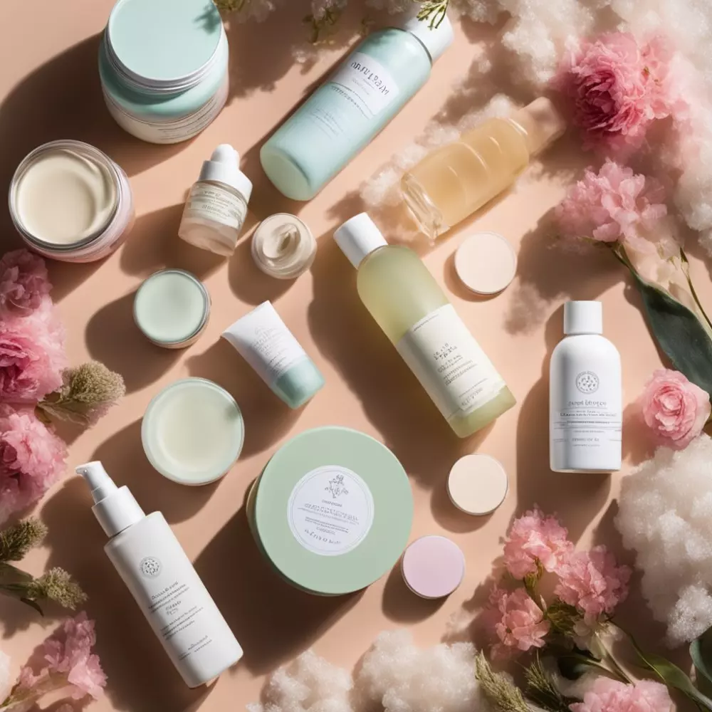 Ein Array von Pflegeprodukten für die Nachbehandlung der Haut, sanft angeordnet auf einer weichen, pastellfarbenen Oberfläche, vermittelt ein Gefühl von Ruhe und Pflege. Fotografiert mit natürlichem Licht und einem weichen Fokus für eine beruhigende Wirkung.