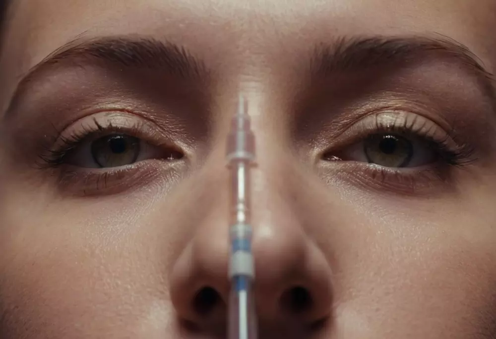Close-up of a syringe near the forehead, focusing on the tip, in a clean, clinical setting, under soft light, photographed in high resolution.