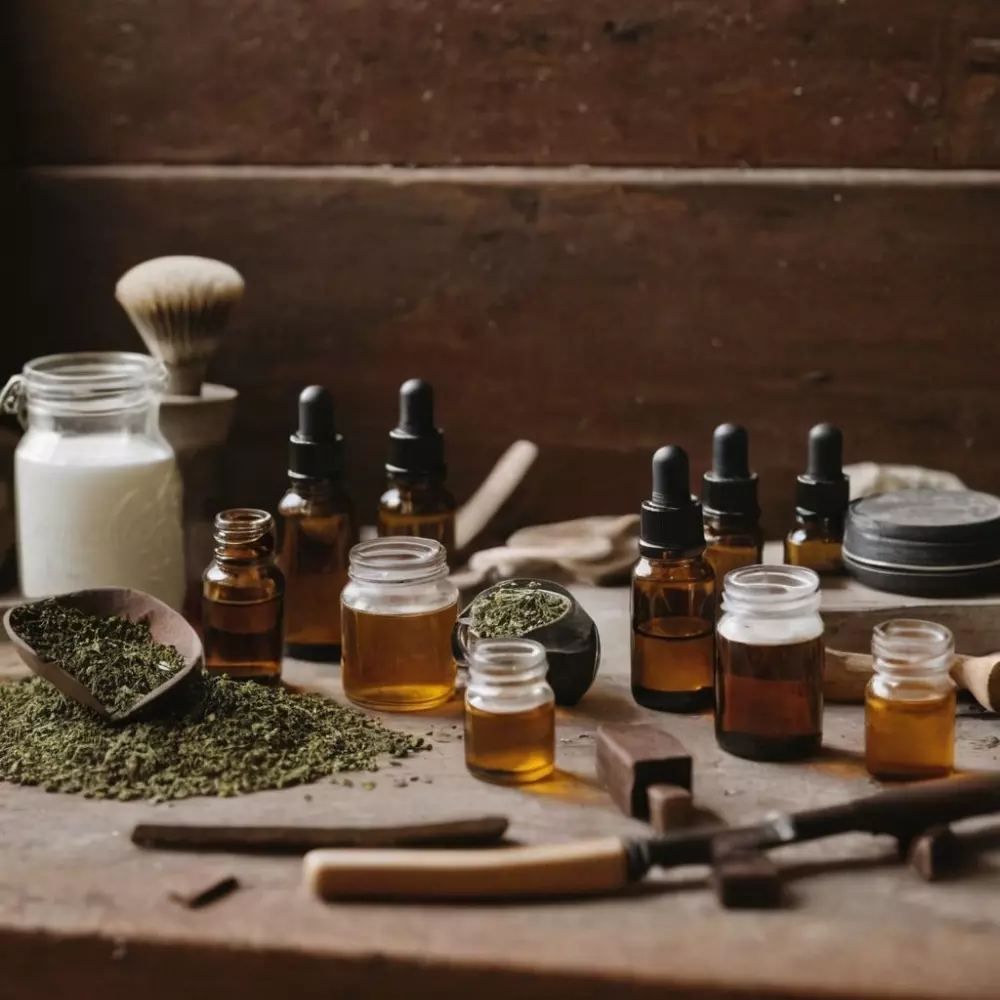 Ein kreativer Workshop mit verschiedenen Werkzeugen und Rohstoffen zur Herstellung von Lippenpflegeprodukten, wie Formen und ätherischen Ölen. Fotografische Darstellung der Workshop-Umgebung mit detailreichen Fotos und natürlichem Licht.
