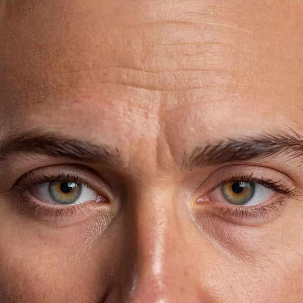 Ein geteiltes Bild, das eine Stirn mit Falten auf der einen Seite und eine glatte Stirn auf der anderen Seite zeigt, im natürlichen Licht, Nahaufnahme, in hoher Auflösung.