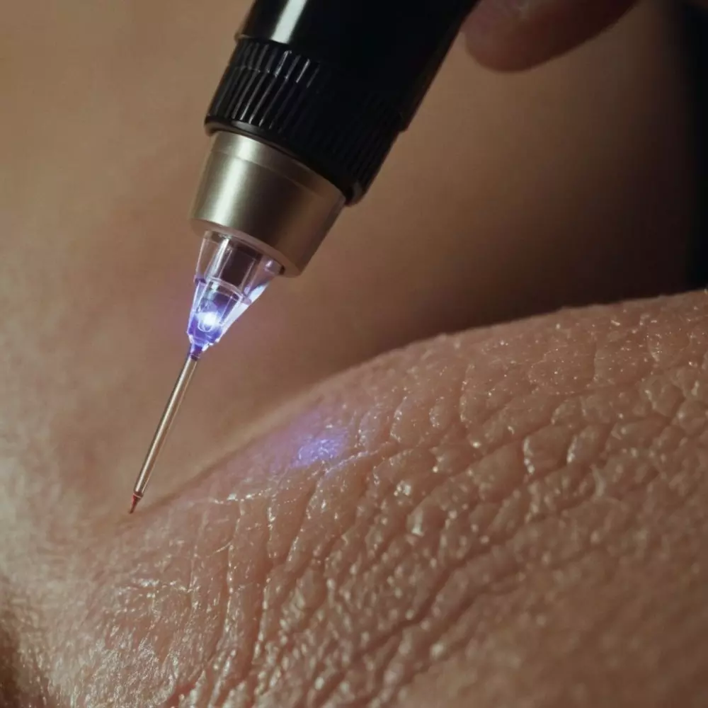 Nahaufnahme eines Plasma-Pen-Geräts, das auf menschlicher Haut verwendet wird und dabei die detaillierte Gerätespitze und die Interaktion mit der Haut zeigt, in einer klinischen Umgebung, mit Fokus auf Technologie und Präzision. Fotografie, aufgenommen mit einem Makroobjektiv in einem kontrollierten Beleuchtungsaufbau.