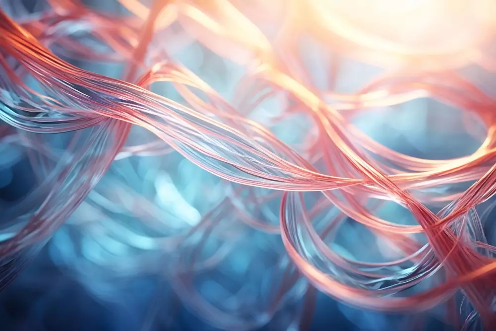 Abstract close-up of collagen fibers intertwining, symbolizing strength and rejuvenation, against a soft-focus background, in a detailed 3D model style.