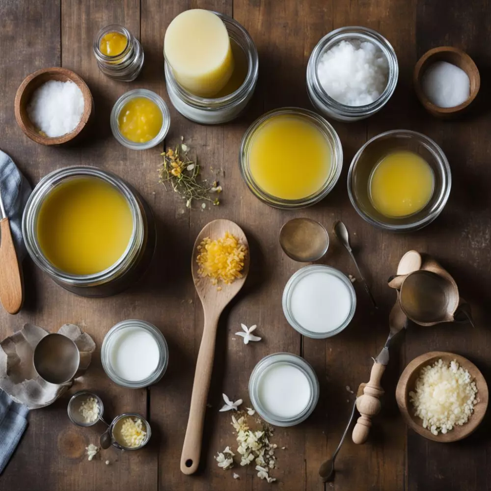 Eine Heim-Einrichtung zum Selbermachen von Lippenbalsam, die natürliche Zutaten wie Bienenwachs und Kokosöl zeigt, Werkzeuge wie Löffel und Schüsseln, in einer Küchenumgebung. Fotografisch, detaillierte Fotografie mit Schwerpunkt auf Zutaten und Werkzeugen, unter Verwendung von natürlichem Küchenlicht.