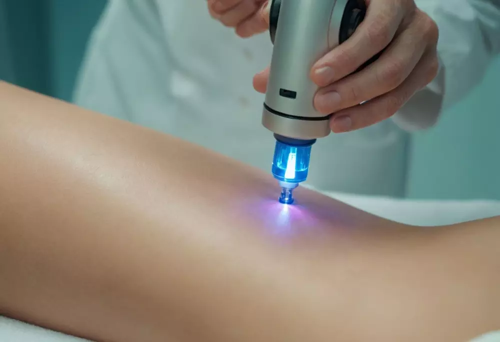 Nahaufnahme eines dermatologischen Lasergeräts, das auf die Haut angewendet wird und seine Präzision und modernes Design hervorhebt, in einer gut beleuchteten klinischen Umgebung. Fotografie mit scharfem Fokus und hoher Auflösung.