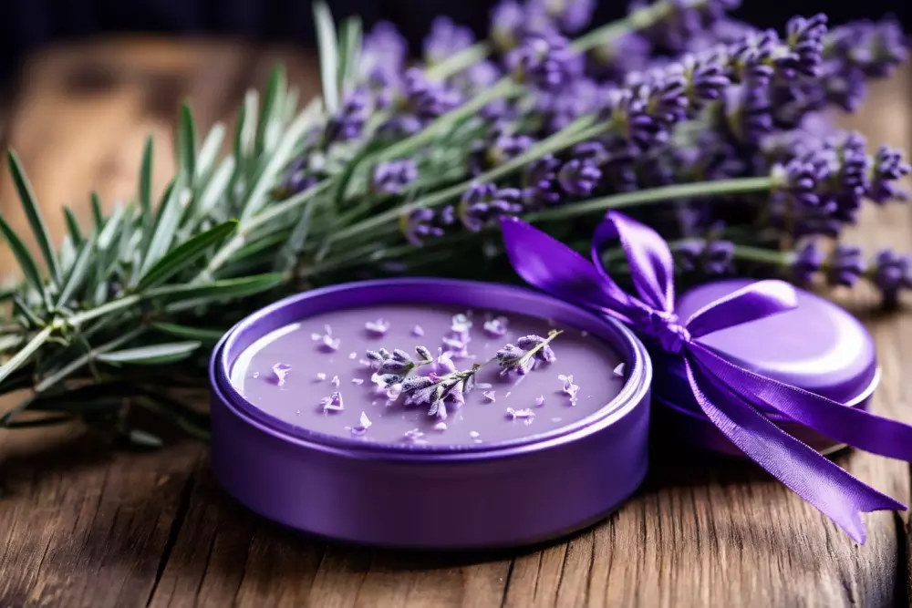 Ein wunderschön verpackter hausgemachter Lavendel-Lippenbalsam in einer kleinen Dose, verziert mit einem lila Band und Lavendelzweigen, präsentiert auf einem Holztisch. Das Bild vermittelt eine sanfte und durchdachte Geschenkidee, fotografisch umgesetzt mit Fokus auf das Verpackungsdetail.
