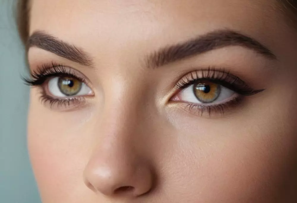 Nahaufnahme von den Augen einer Frau, wobei das eine wie Bella Eyes und das andere wie Cat Eyes gestylt ist, um die unterschiedlichen Augenlid- und Brauenhebungen zu präsentieren, in einer neutralen Innenraumumgebung, mit einer sauberen, detailreichen, professionellen digitalen Fotografie, die mit einem Makroobjektiv und weichem Studiolicht aufgenommen wurde.