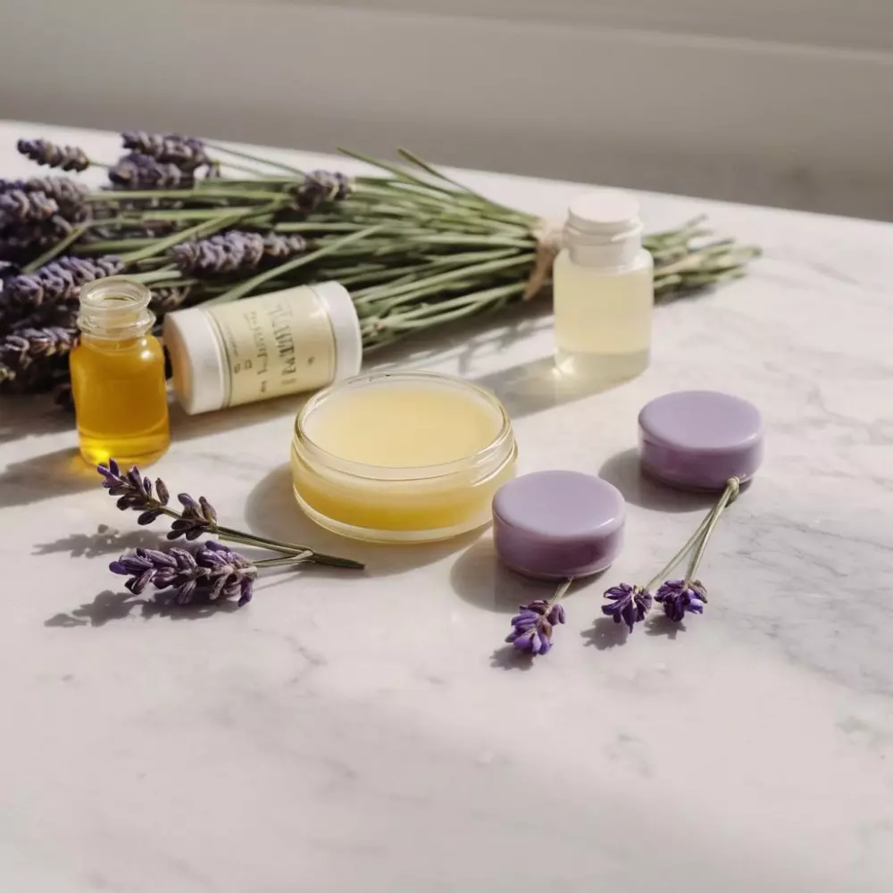 Eine Sammlung von Lavendel-Lippenbalsam-Zutaten, darunter Lavendelblüten, Bienenwachs, Kokosöl und ätherische Öle, ordentlich auf einer Marmoroberfläche angeordnet, das natürliche Licht eines Fensters wirft weiche Schatten und schafft eine frische und saubere Umgebung. Fotografierstil mit natürlichem Licht und Vogelperspektive.