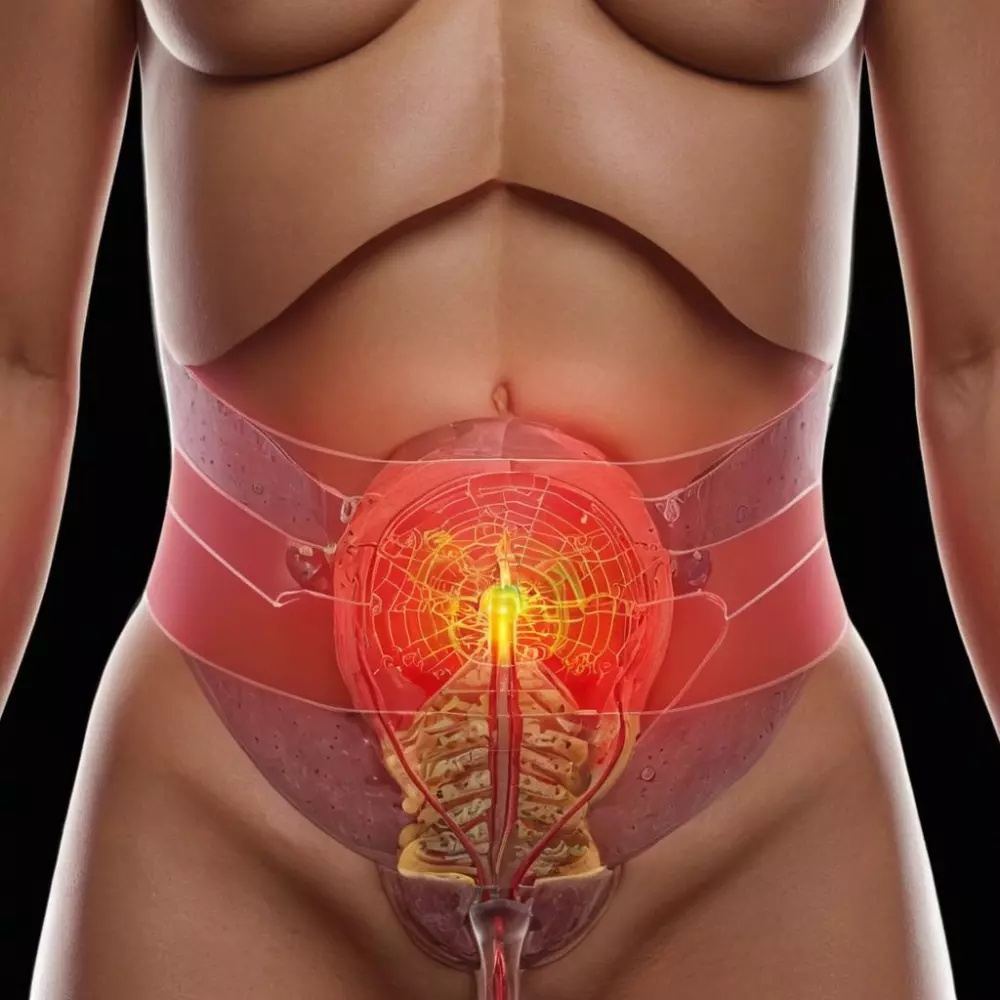 Diagram of the stomach showing targeted laser treatment areas, 3D Model with clear labeling and soft studio lighting.