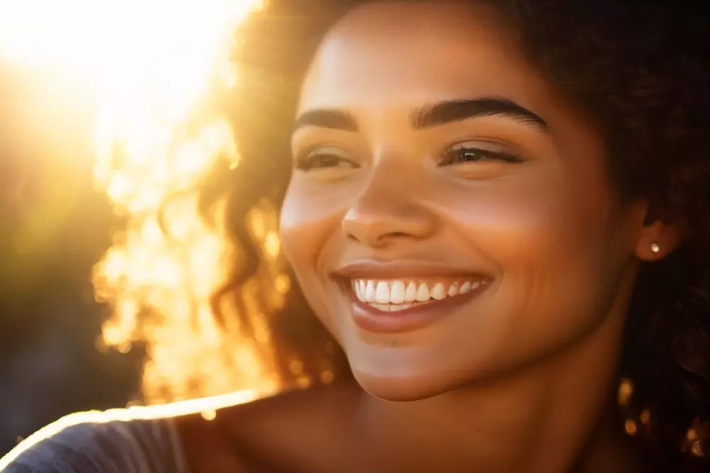 Nahaufnahme einer lächelnden Person, die ihre glatte, strahlende Wange unter sanftem, leuchtendem Sonnenlicht berührt, im hochauflösenden fotografischen Stil.