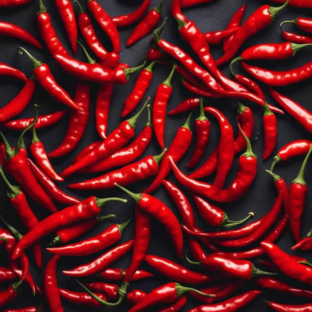 Knallrote Chili-Schoten, angeordnet auf einem dunklen Hintergrund, betonen ihre lebendige Farbe und Textur, Nahaufnahme, fotografisch festgehalten, die glänzende Textur der Chilischote unter Studiolicht in hoher Auflösung hervorgehoben.