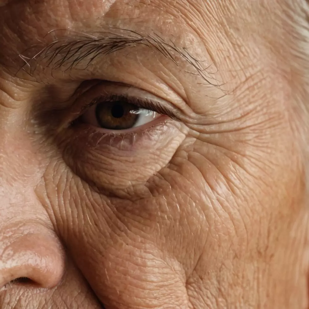 Nahaufnahme von alternder menschlicher Haut mit Falten und Erschlaffungen, natürliches Licht betont die Texturen, Fotografie in hoher Auflösung im Makrobereich, die feine Linien und Texturdetails einfängt.