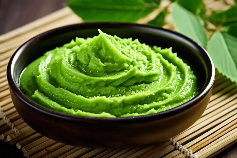 Eine kleine Schale mit Wasabipaste auf einer Bambusmatte platziert, die lebendig grüne Farbe im Kontrast zum natürlichen Bambus, Nahaufnahme, fotografisch festgehalten, die cremige Textur des Wasabis mit sanftem Tageslicht in hoher Auflösung eingefangen.