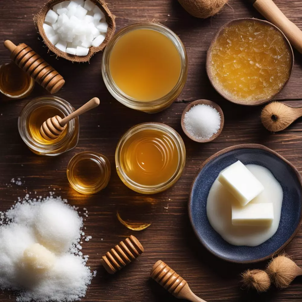 Verschiedene natürliche Zutaten wie Honig, Kokosöl und Zucker liegen auf einem Holztisch und deuten auf ihre Verwendung in hausgemachter Lippenpflege hin. Fotografie, detaillierte Aufnahmen, die die natürlichen Texturen und Farben der Zutaten einfangen.