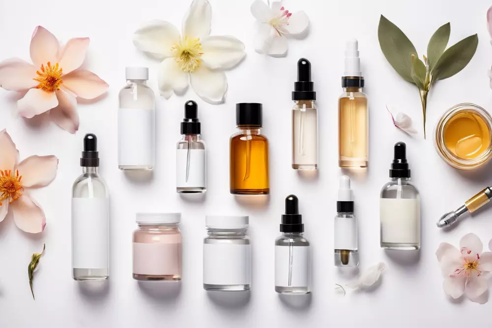 Eine Collage verschiedener Anti-Aging-Behandlungen, einschließlich Cremes, Injektionen und Seren, ordentlich angeordnet auf einem makellos weißen Hintergrund, mit sanfter Beleuchtung und einem sauberen, klinischen Look. Fotografischer Stil, aufgenommen mit einer DSLR-Kamera, hoher Auflösung und detaillierter Nahaufnahme.