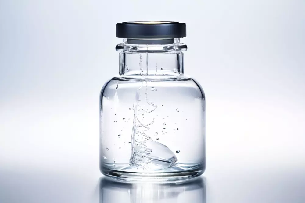 Nahaufnahme einer klaren Glasampulle mit einem transparenten, zähen Fluid, das Hyaluronsäure symbolisiert, auf einer sauberen, weißen Oberfläche platziert, unter weichem Studiolicht fotografiert, mit einem Makroobjektiv für eine detaillierte Textur-Sichtbarkeit.