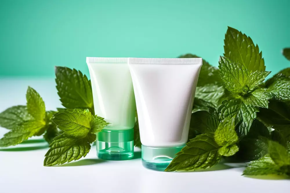 Eine Tube natürlicher Lippen-Booster-Creme, umgeben von Minzblättern auf einem hellen Hintergrund präsentiert, betont die Frische und natürlichen Zutaten, Nahaufnahme, fotografisch, die Textur der Creme leicht sichtbar, während sie aus der Tube gedrückt wird, eingefangen mit hellem Tageslicht.