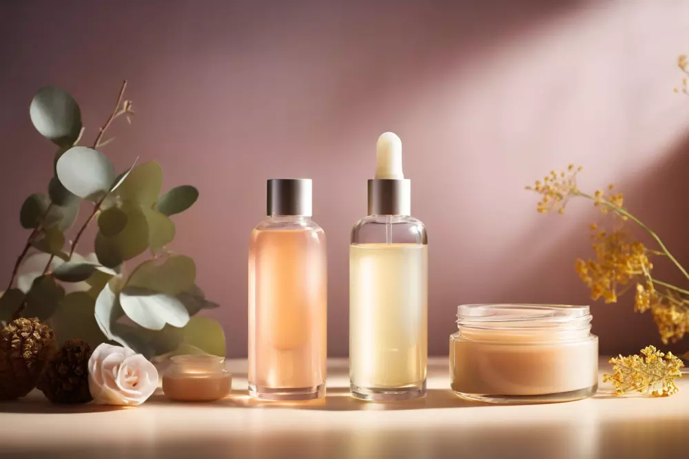 Ein beruhigendes Hautpflegeserum und eine Feuchtigkeitscreme auf einem weichen, pastellfarbenen Hintergrund, unter sanftem, warmem Licht, in einem detailreichen, fotografischen Stil.