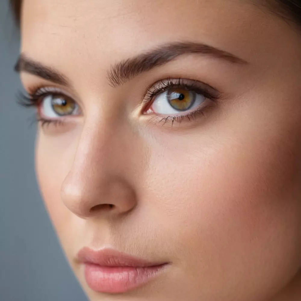 Close-up of a calm person's under eye area looking rejuvenated and smooth, in a serene setting with soft, flattering light, Photography with a macro lens to capture the smooth texture and serene mood.