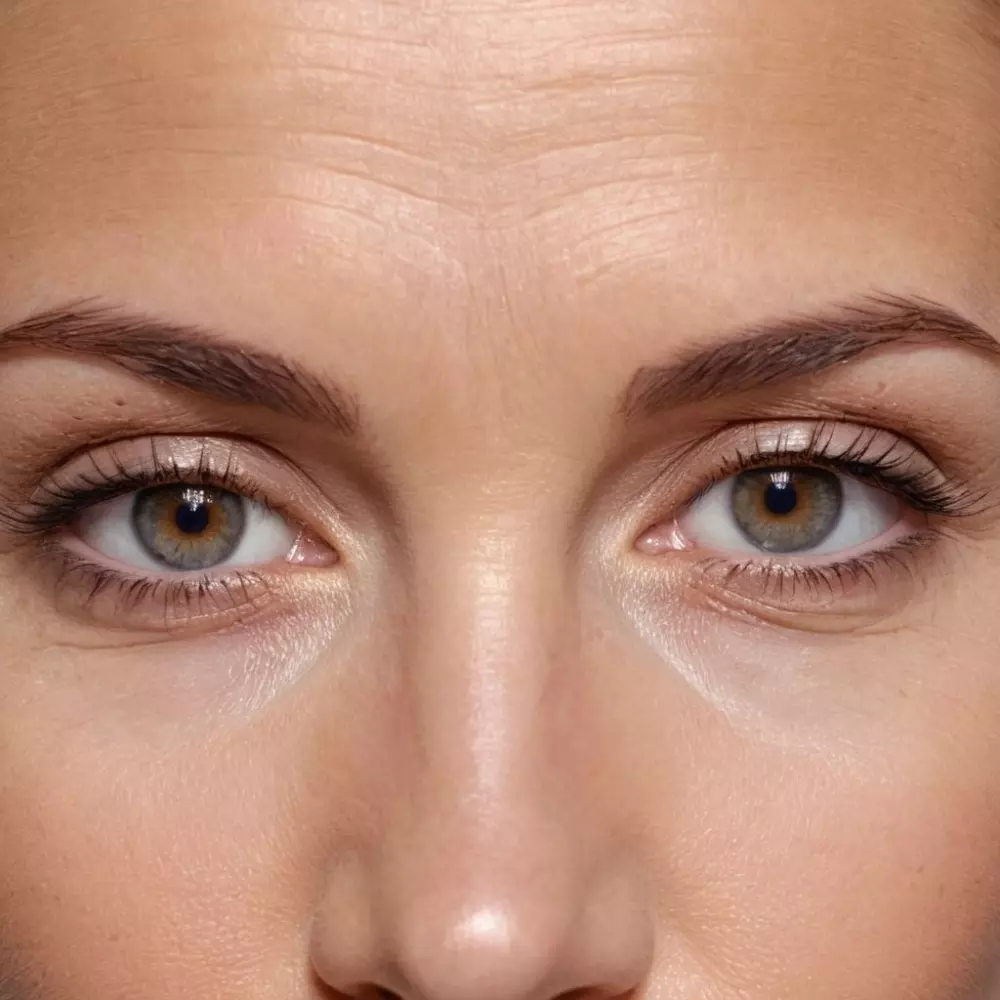 Nahaufnahme der Stirn einer Frau, die vor und nach der Behandlung mit Hyaluron und Botox gezeigt wird, wobei die Reduzierung von Stirnfalten hervorgehoben wird, in einem hochauflösenden, detaillierten medizinischen Kontext, fotografisch festgehalten mit einem Makroobjektiv, um die Hautstruktur und die Behandlungseffekte zu betonen.