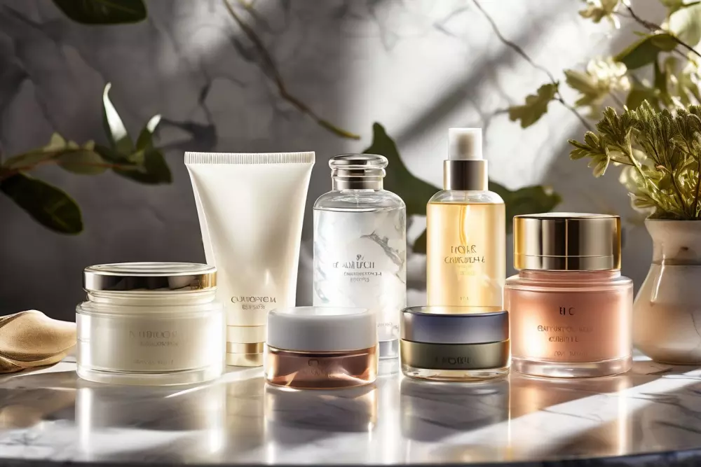 Eine Vielzahl von Hautpflegecremes, elegant auf einer Marmoroberfläche präsentiert, betont ihre Textur und Verpackung, mit sanfter natürlicher Beleuchtung. Fotografie mit einem Weitwinkelobjektiv und weichem Licht.