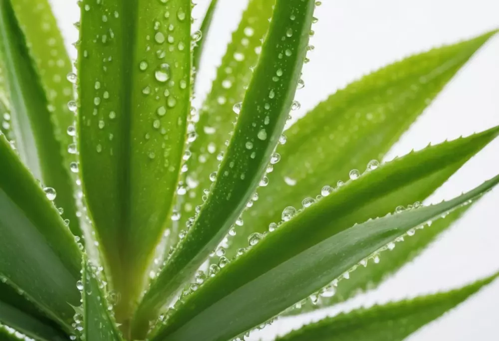 Frische Aloe Vera Blätter mit Gel-Tropfen, Nahaufnahme auf weißem Hintergrund, unter sanftem Tageslicht, in einem hochauflösenden, detailreichen Foto.
