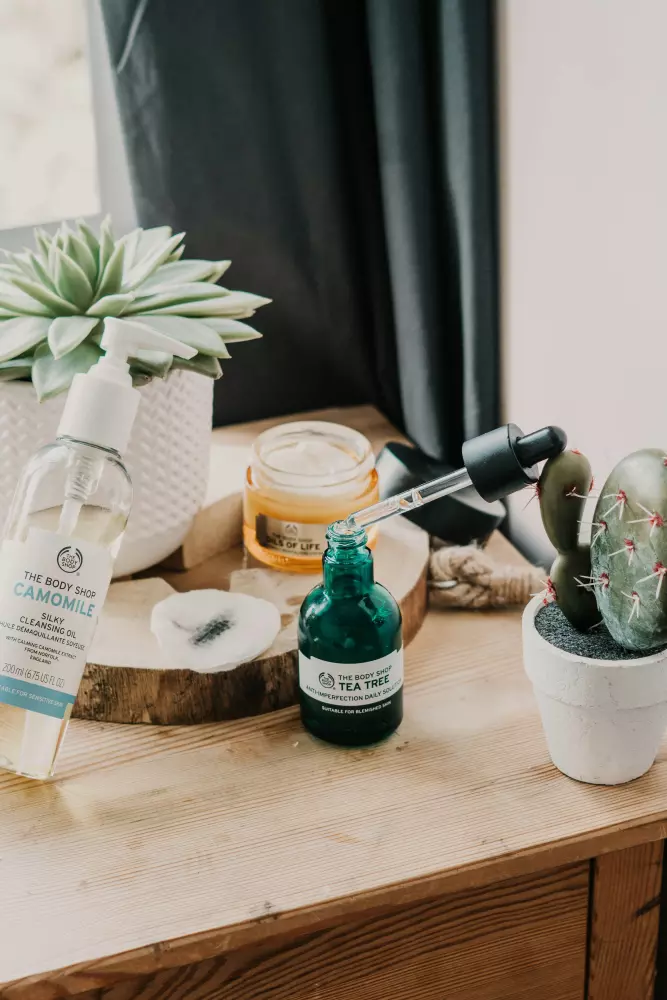 a wooden table topped with a potted plant and bottles of skin care