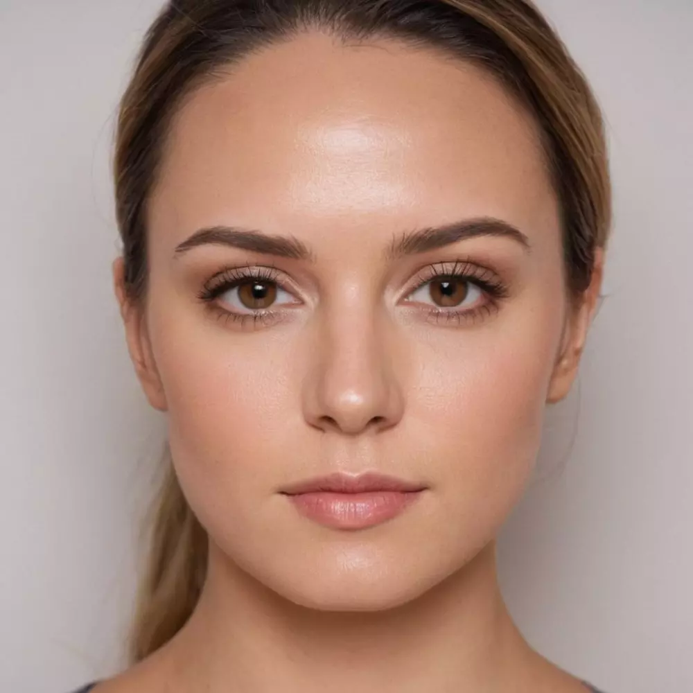 Vorher- und Nachher-Fotos eines Gesichts, das eine nicht-ablative Laserbehandlung durchläuft, zeigen eine deutliche Verbesserung der Haut in einer neutralen Innenraumumgebung. Fotografie im Hochformat, natürliches Licht, hohe Auflösung.