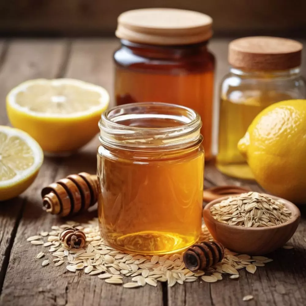 Hausgemachte Hautpflegemittel auf einem rustikalen Holztisch arrangiert, umfassen Artikel wie Honig, Haferflocken und Zitrone, natürliches Sonnenlicht wirft weiche Schatten, Fotografie im warmen und einladenden Stil, die die natürliche Essenz einfängt.