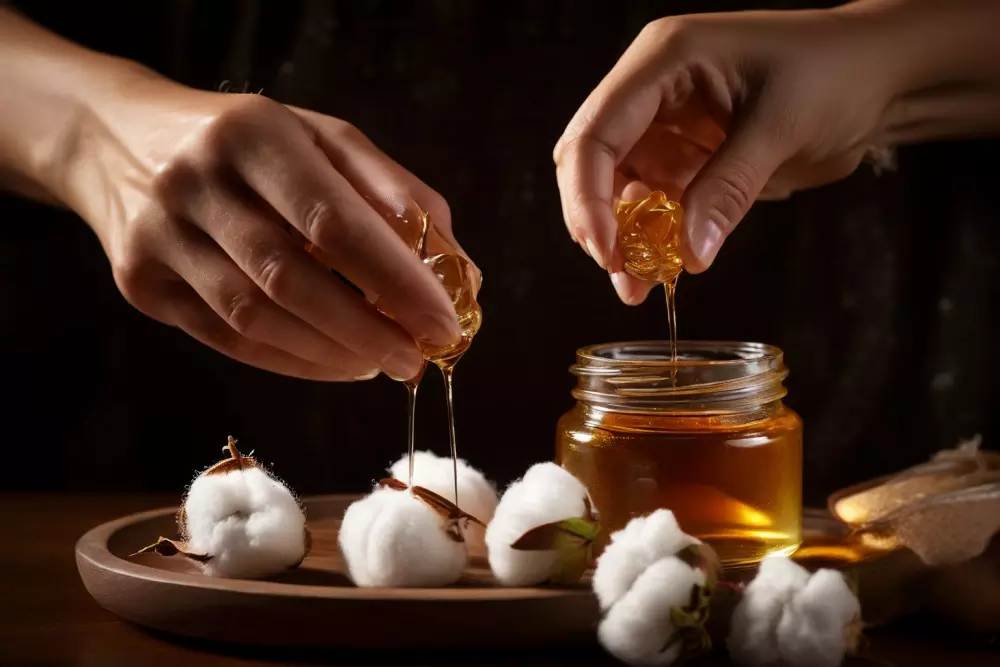 Nahaufnahme einer Hand, die Apfelessig mit einem Wattebausch auf die Gesichtshaut aufträgt, in einem sauberen und klinischen Umfeld, fotografisch festgehalten mit einer Nahaufnahme-Linse und weichem Studio-Licht.