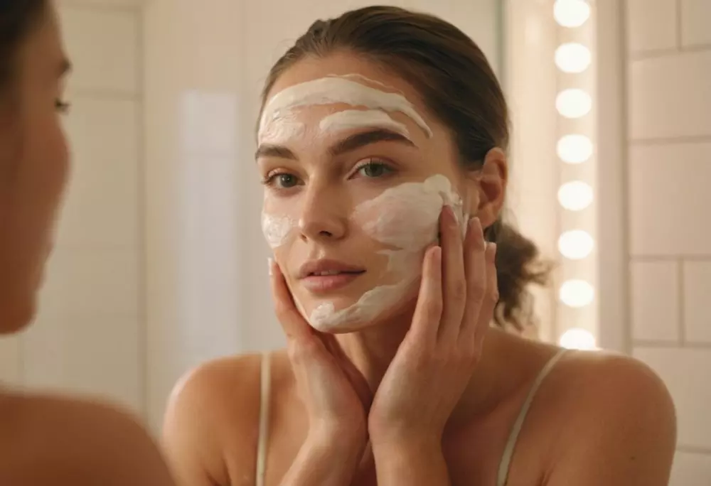 Woman applying moisturizer on her face in a bathroom, reflecting a healthy skincare routine, Photography, Close-up shot with soft focus and natural light.