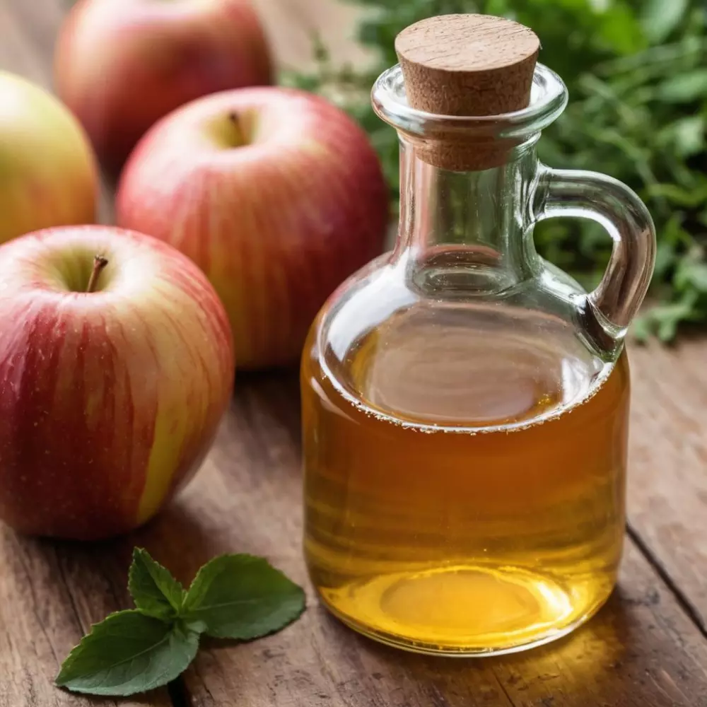 Nahaufnahme von Apfelessig mit sichtbaren Zutaten wie Äpfeln und Kräutern drumherum, auf einer Holzoberfläche, helles Tageslicht, Fotografie, Makroaufnahme mit Fokus auf die Texturen der Zutaten.