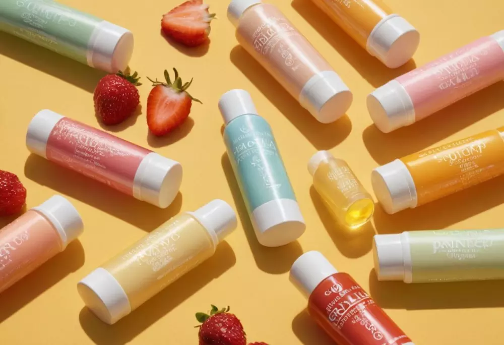 Auswahl verschiedener Arten von Lippenbalsamen auf einem hellen, sonnigen Hintergrund, Nahaufnahme, die Texturen und Inhaltsstoffe zeigt, sommerlich gestaltet mit hellen und frischen Farben, Fotografie, Nahaufnahmen mit scharfem Fokus auf Produktdetails.