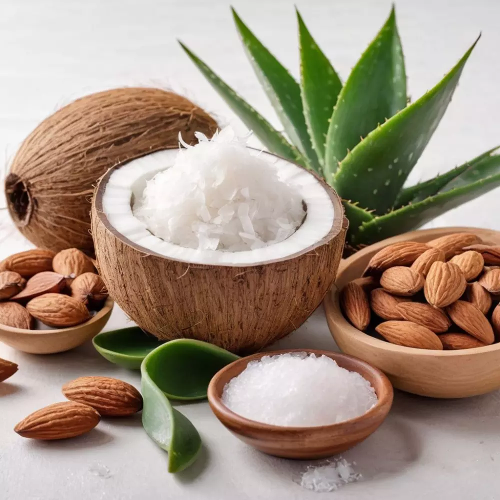 Eine ordentlich angeordnete Auswahl natürlicher Zutaten wie Aloe Vera, Kokosnuss und Mandeln, bekannt für ihre straffenden Eigenschaften, fotografiert auf einem sauberen weißen Hintergrund bei hellem Licht.