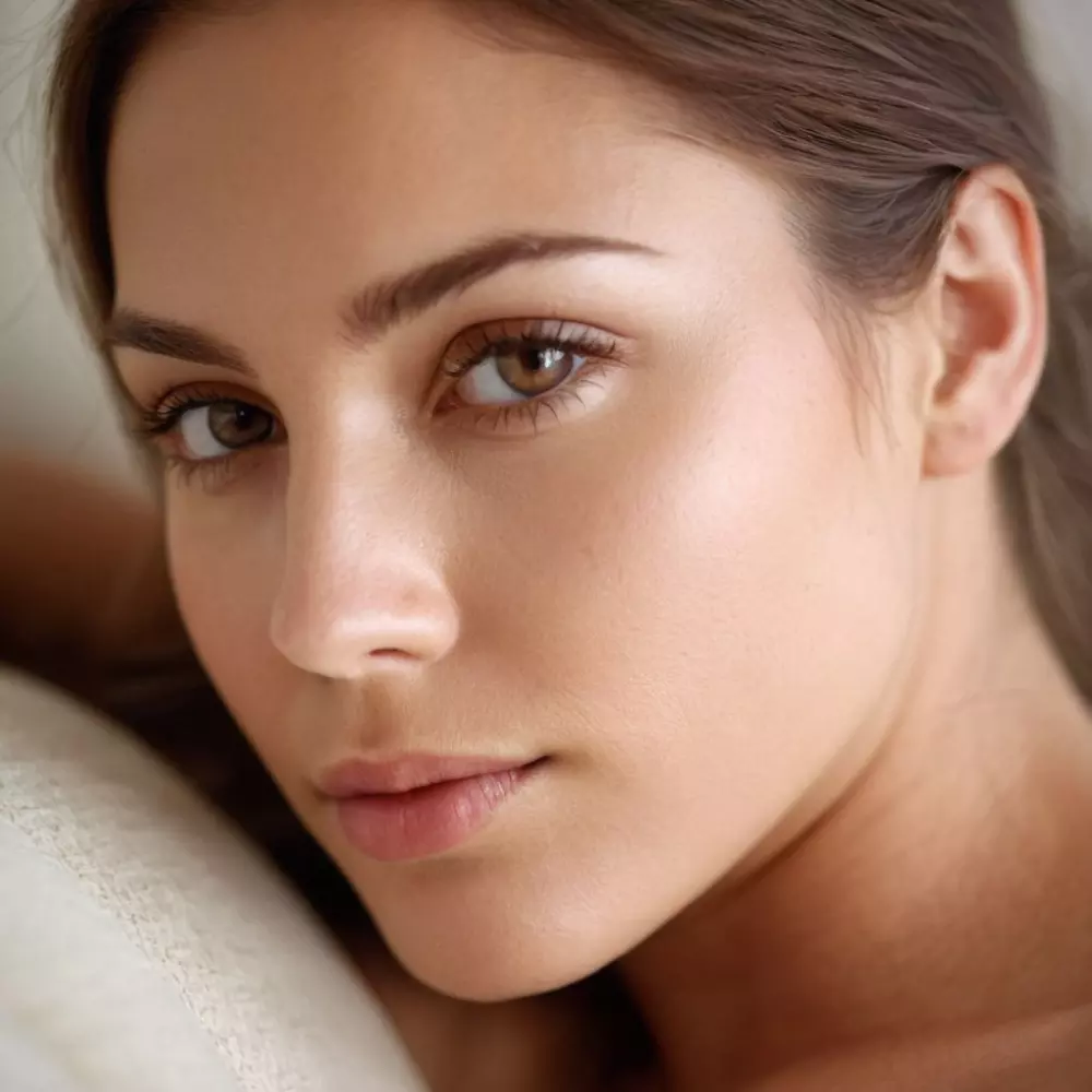 A serene, glowing face of a person relaxed post-treatment, with a soft focus on the healthy, radiant skin, in a photographic style, captured with a close-up portrait shot to highlight the skin's glow, under natural, soft light.
