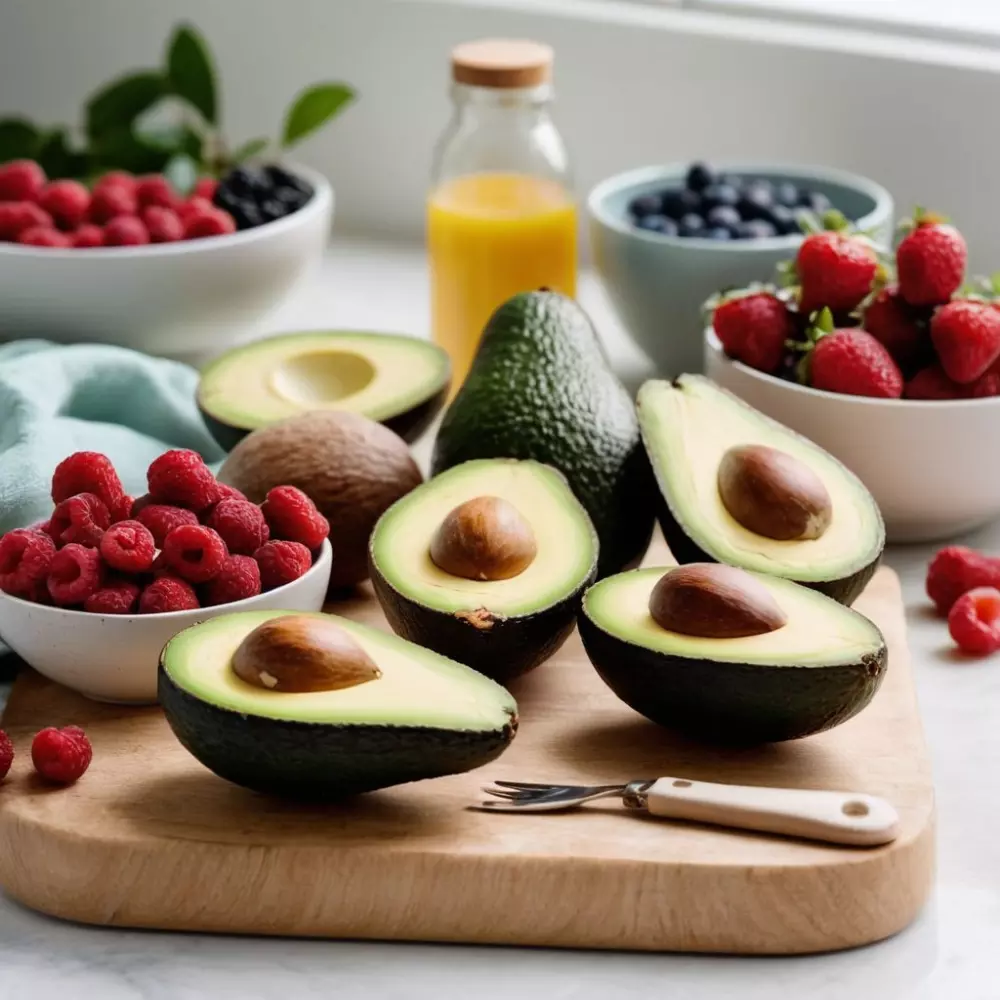 Verschiedene gesunde Lebensmittel wie Avocados, Mandeln und Beeren werden auf einer hellen Oberfläche präsentiert, um ihre Rolle bei der Förderung der Hautgesundheit zu betonen, in einer hellen und sauberen Küchenumgebung, mit einer leichten und hoffnungsvollen Stimmung, fotografisch, Fotografie mit natürlichem Licht und Fokus auf lebendigen Farben und Texturen.