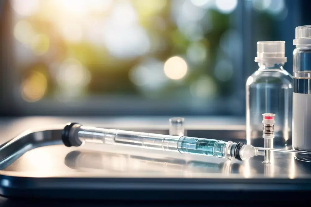 Nahaufnahme einer Botulinumtoxin-Spritze auf einem sauberen, klinischen Tablett, Fokus auf der Spritze und einem kleinen Fläschchen, mit unscharfem Klinikzimmer-Hintergrund, fotografischer Stil, aufgenommen mit einem Makroobjektiv, hoher Auflösung und detailliertem Fokus.