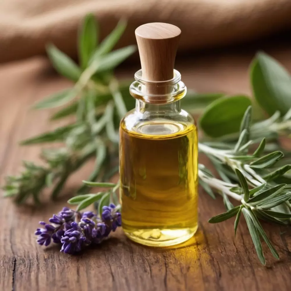 Natürliche Öle und Kräuter, die häufig zur Straffung der Halspartie verwendet werden, ordentlich angeordnet, fotografisch, Nahaufnahme mit natürlichem Licht und detailliertem Fokus.