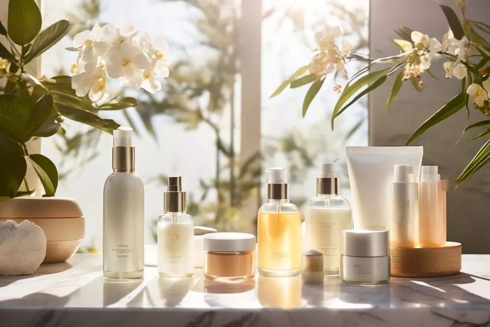 Eine Vielzahl von Hautpflegeprodukten, elegant auf einer Marmoroberfläche präsentiert, darunter Sonnencremes und Feuchtigkeitscremes, in einer hellen und einladenden Umgebung. Fotografie, umgesetzt mit hoher Auflösung und sanftem natürlichem Licht.
