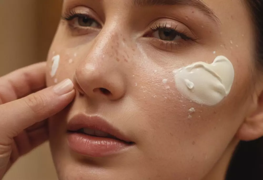 Nahaufnahme einer Hand, die einer Frau mit Pigmentflecken Creme auf die Wange aufträgt, in einer sanft beleuchteten Innenraum-Einstellung, fotografischer Stil in hoher Auflösung.