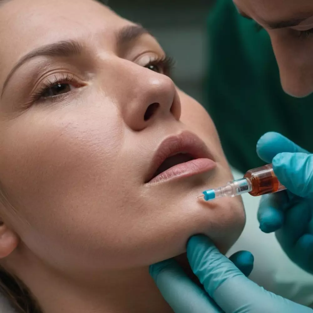 Nahaufnahme einer Fett-weg-Spritze, die einem Patienten am Kinn verabreicht wird, mit Fokus auf die Spritze und den Kinnbereich, in einem professionellen medizinischen Umfeld, Fotografie, detaillierte Nahaufnahme mit klinischer Beleuchtung.