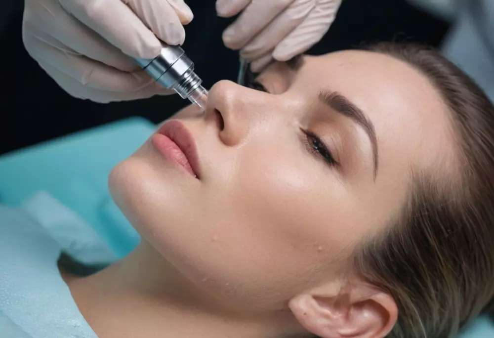 Eine Nahaufnahme der Mikronadelbehandlung auf der Gesichtshaut, in einer sterilen, gut beleuchteten Klinikumgebung, Fotografie in hoher Auflösung mit scharfem Fokus auf dem Gerät und der Haut.