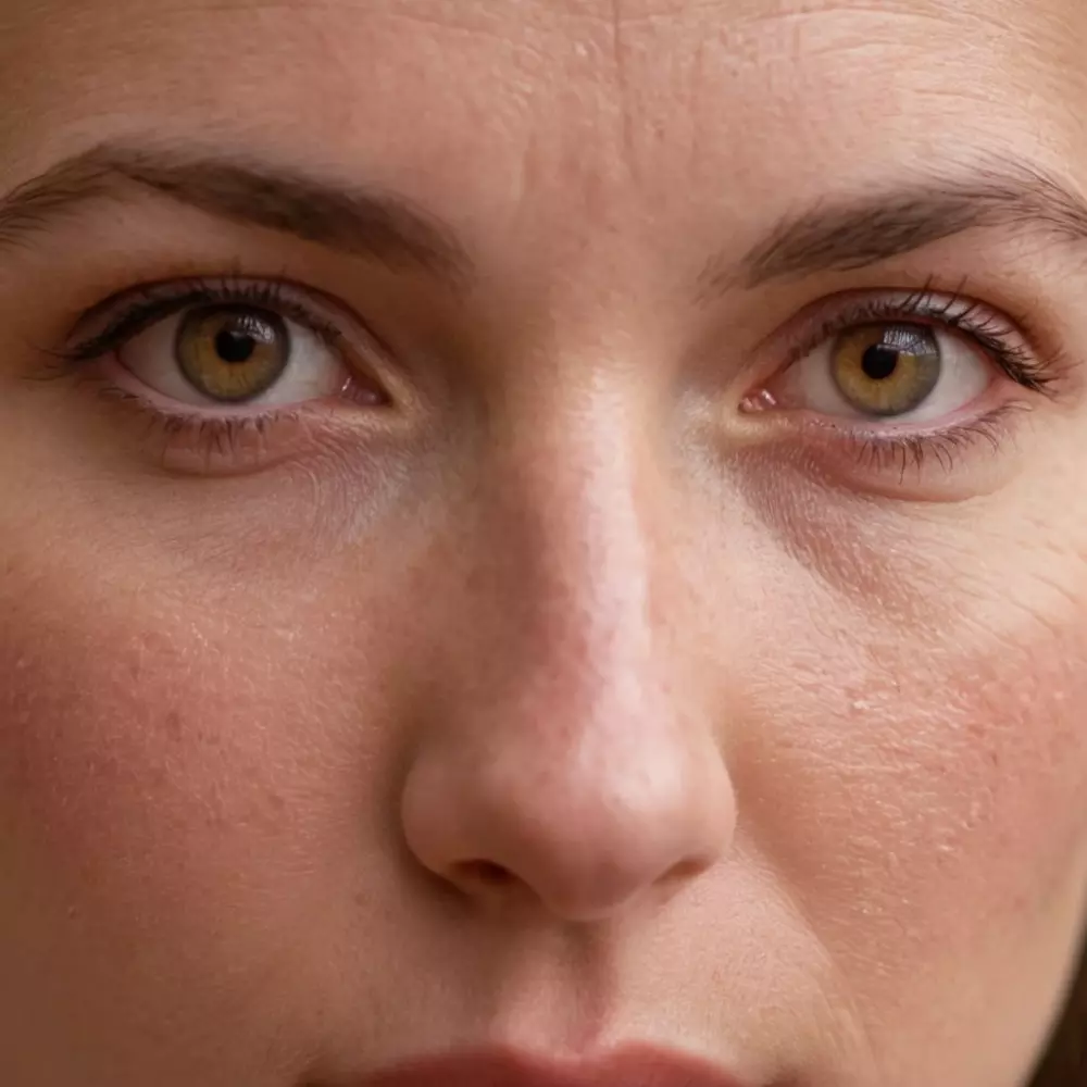 Nahaufnahme von gereizter Haut, die Rötungen und leichte Schwellungen zeigt, konzentriert im Wangenbereich, im natürlichen Licht, um die Textur und Reaktion der Haut hervorzuheben. Fotografie mit detaillierter Makrolinse, um die Textur und Schwere der Hautreaktion einzufangen.