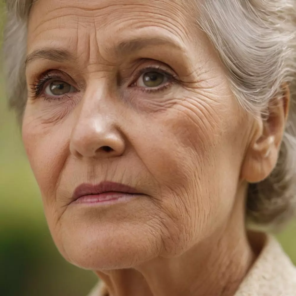 Nahaufnahme des Kinns und der Kieferlinie einer älteren Person, die altersbedingte Veränderungen in der Hautstruktur zeigt, im Stil der Hochauflösungsfotografie.