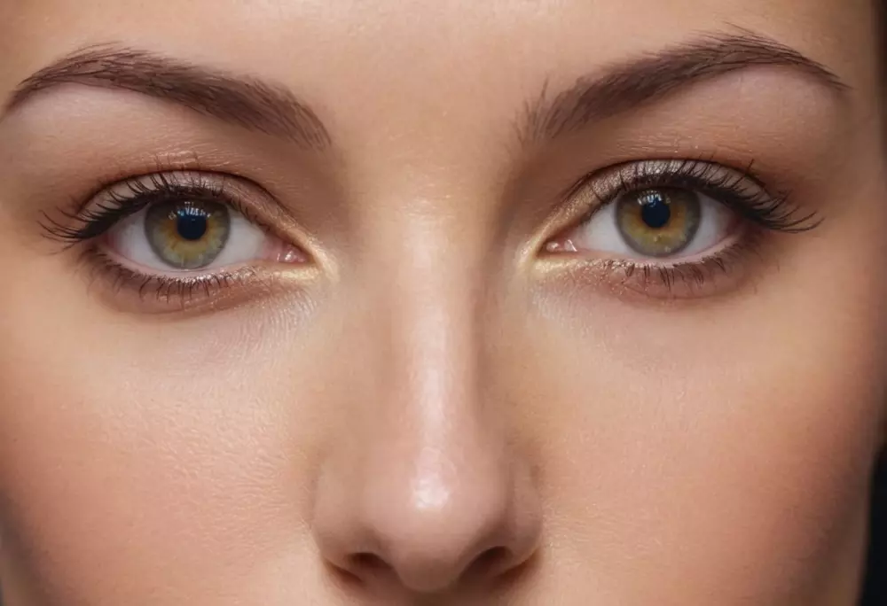 Nahaufnahme des Augenbereichs einer Frau, die vor und nach der Behandlung von Krähenfüßen mit Hyaluronsäure zeigt, wobei das Nachher-Bild deutlich glattere Haut unter weichem Studiolicht in fotografischem Stil zeigt, aufgenommen mit einem Makroobjektiv.