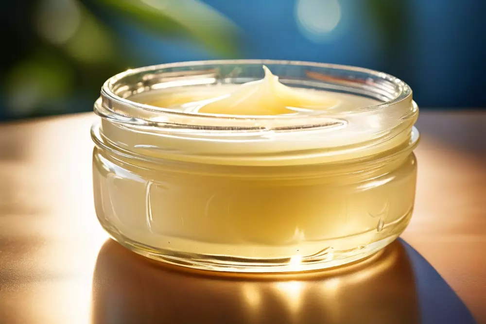 Nahaufnahme eines Vaseline Petroleumgelee-Glases auf einer weichen strukturierten Oberfläche, wobei seine glänzende und glatte Textur unter sanfter Beleuchtung betont wird. Fotografie, hochauflösend mit Fokus auf Textur und Produktklarheit.