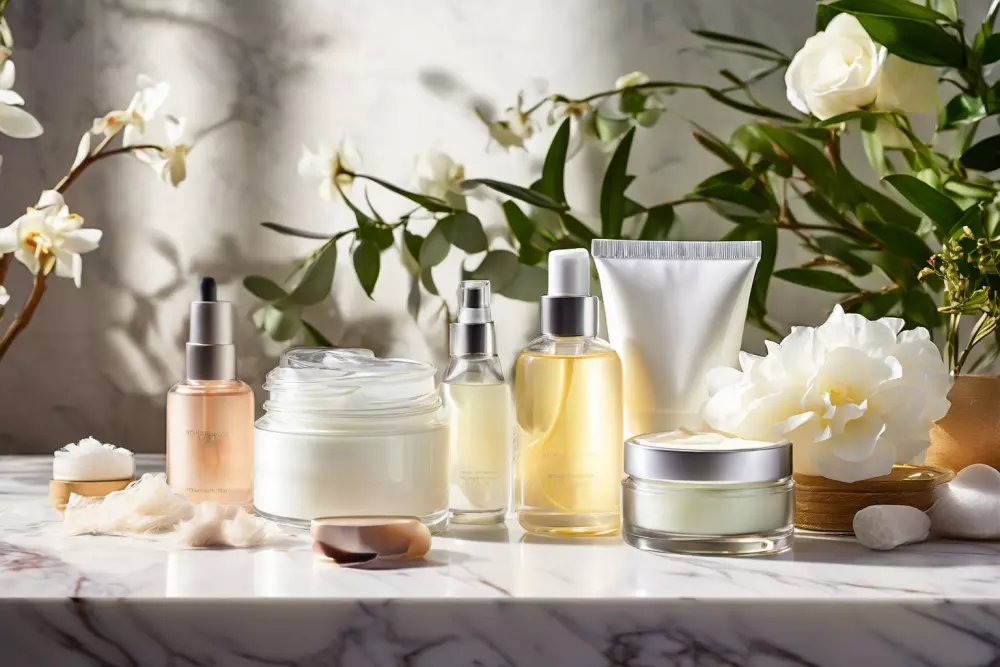 Array von Hautpflegeprodukten wie Cremes und Gels auf einer Marmoroberfläche ausgelegt, weicher Fokus im Hintergrund, fotografisch festgehalten mit einem Weitwinkelobjektiv, um die Anordnung einzufangen, und weiches Studiolicht für ein sauberes Aussehen.