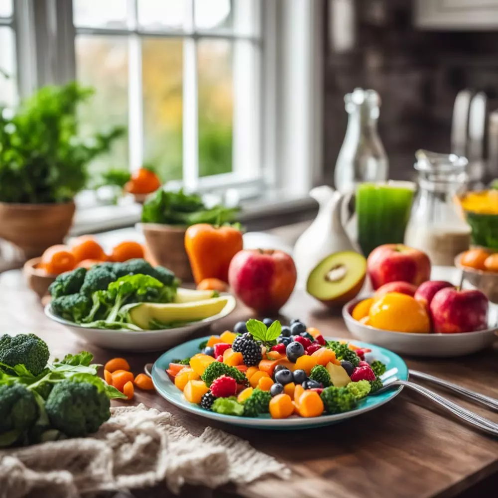 A healthy meal rich in vitamins on a table, signifying post-treatment diet, in a bright kitchen setting, with a mood of wellness and care, Photographic, captured in a high-resolution with vibrant colors.