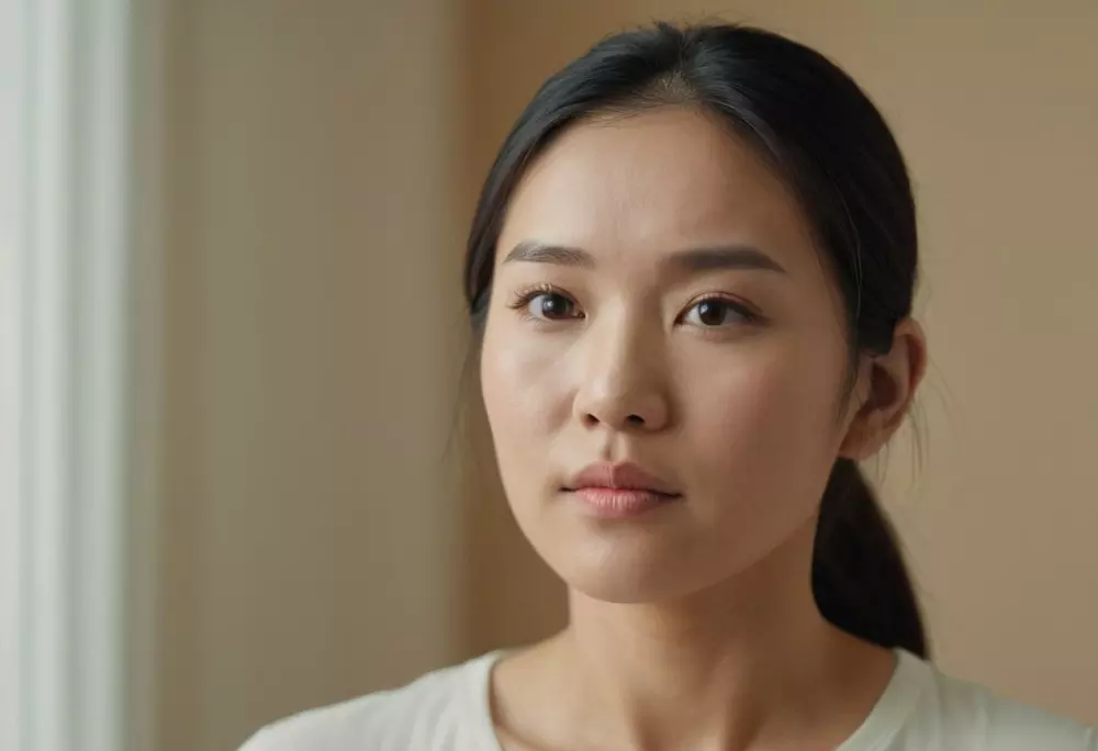 Frau macht Gesichtsgymnastik, junge asiatische Frau führt Gesichtsübungen in einer hellen, minimalistischen Umgebung durch, der Raum ist mit weichem natürlichem Licht gefüllt, ihr Ausdruck ist konzentriert und friedlich, Nahaufnahme, fotografischer Stil, aufgenommen mit einem 35mm-Objektiv, hohe Auflösung.